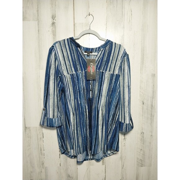Cocomo Women's Striped Roll Tab Sleeve Pintuck Tunic Blouse Blue Plus Size 1X - Picture 7 of 9